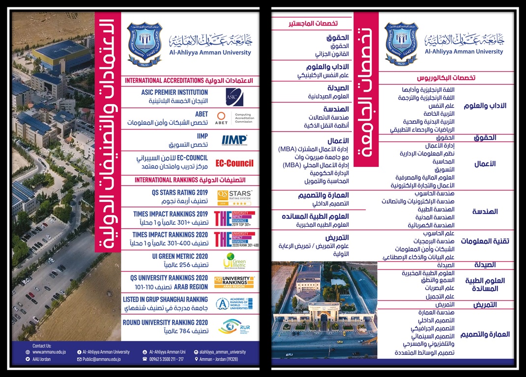 جامعة عمان الأهلية تعلن عن تخصصاتها لدرجتي البكالوريوس والماجستير وعن الاعتمادات والتصنيفات الدولية التي حازت عليها