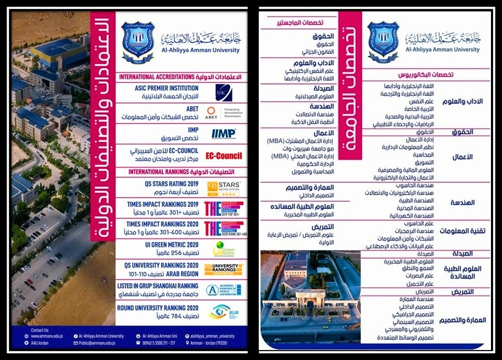 عمان الأهلية تعلن عن استمرار القبول والتسجيل لدرجتي البكالوريوس والماجستير للفصل الدراسي الاول للعام الجامعي 2020-2021