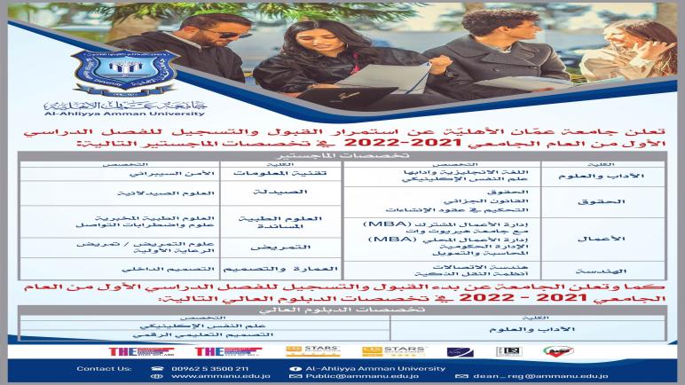 عمان الأهلية تعلن عن استمرار القبول والتسجيل في تخصصات درجة الماجستير والدبلوم العالي للفصل الأول من العام الجامعي 2021-2022